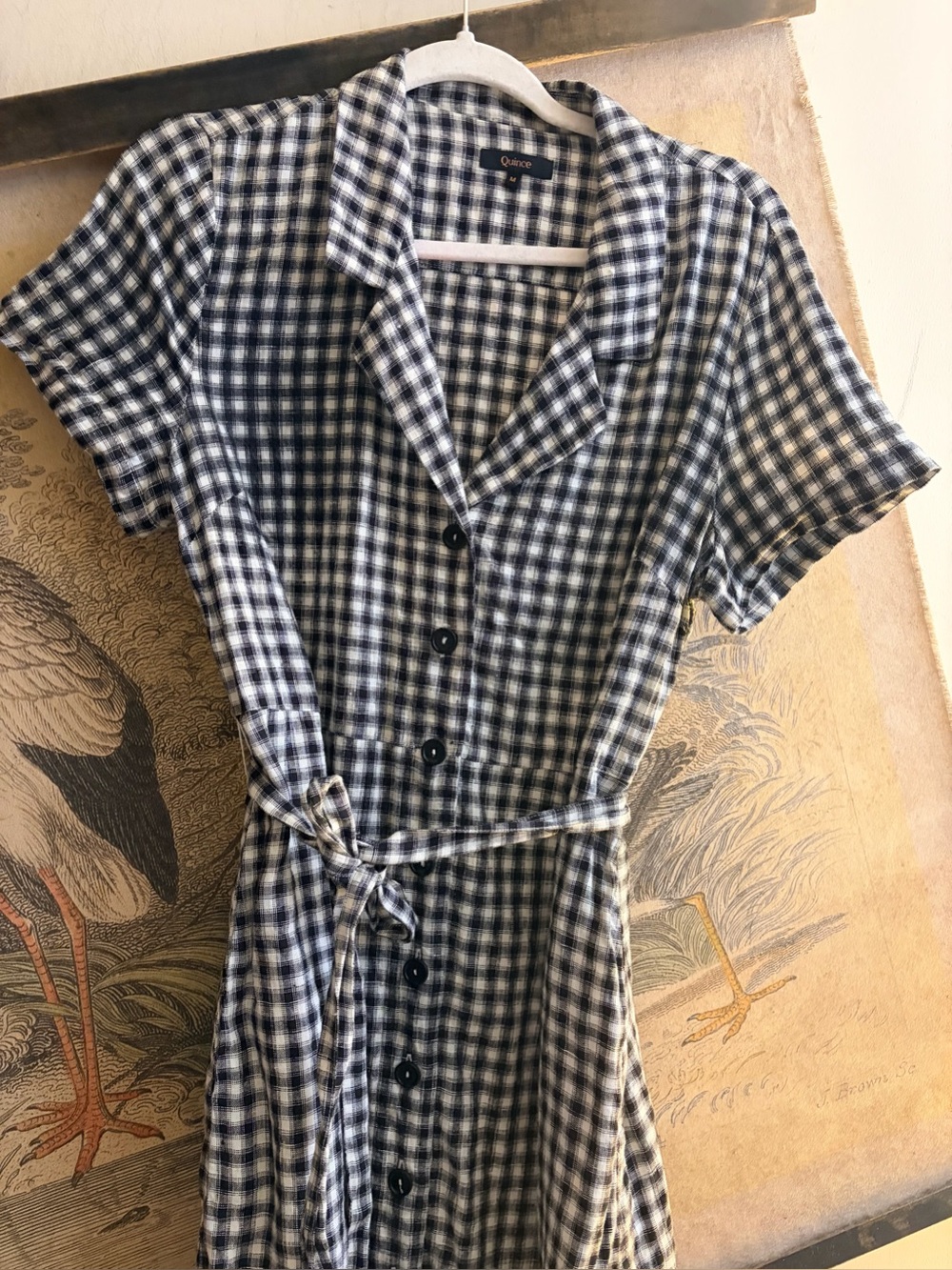 * Quince Black & White Gingham Check Button-Front Dress Tie Waist SZ Medium *